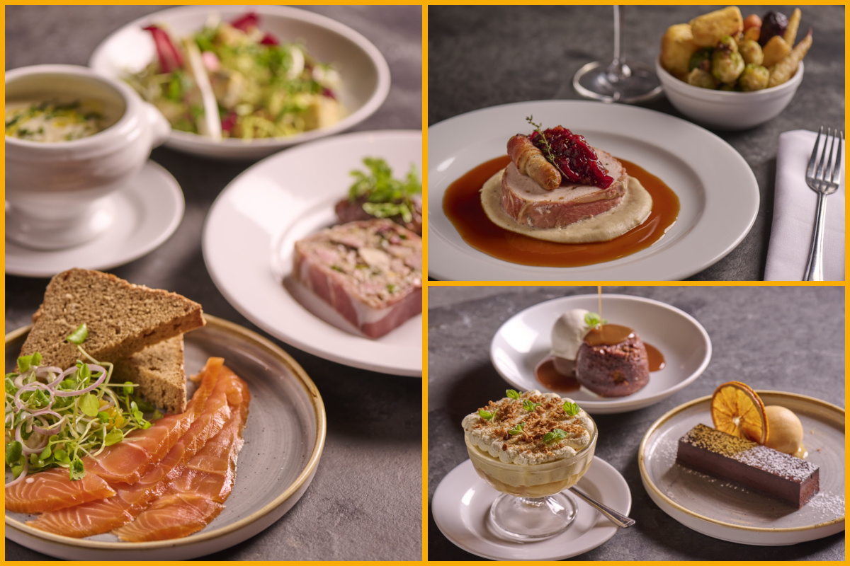 Collage of images of Hotel du Vin's festive celebrations menu served.